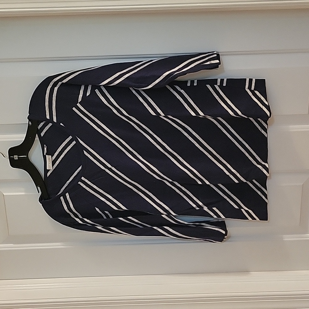 Chicos navy and tan diagonal stripe linen/tencel small